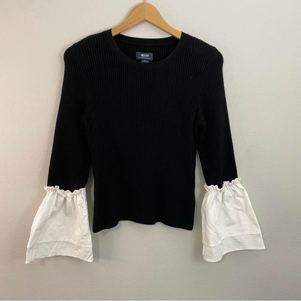 Maeve Anthropologie Bell‎ Sleeve Ribbed Sweater Black White Womens Medium